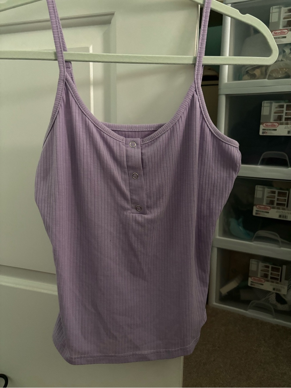 SHEIN Lavender Ribbed Spaghetti Strap Tank with Button Trim